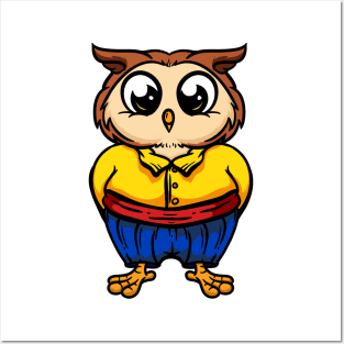 Cute Anthropomorphic Human-like Cartoon Character Owl in Clothes Posters and Art